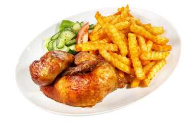 Grilled Chicken with French Fries and Salad - Transparent PNG Background