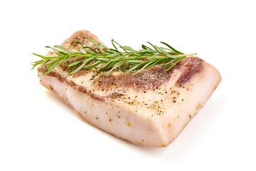 Piece of salty high-fat meat cooked with spices. Salo, bacon, lard, silverside, gammon. Garlic, spices, isolated on white background.