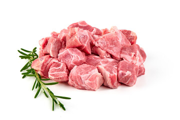 Raw pork pieces, isolated on white background.
