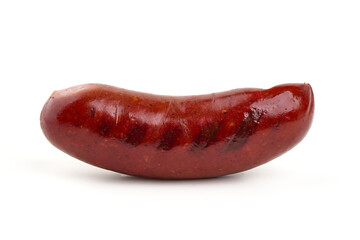 German grilled pork sausages, close-up, isolated on white background.