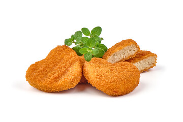 Deep fried chicken fillet in breadcrumbs, isolated on white background.