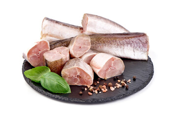 Hake fish fillet, isolated on white background.