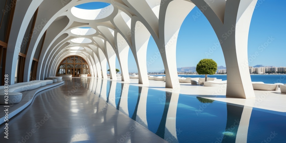 Poster a long hallway with a pool in the middle of it. generative ai.