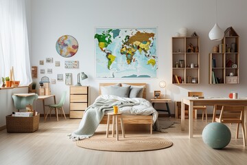 Bright and natural children's bedroom interior with wooden furniture designer equipment and a poster on a white wall