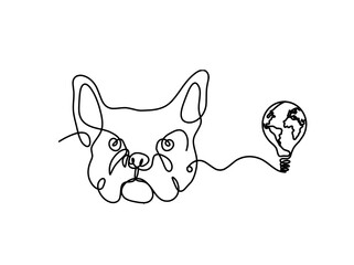 Silhouette of abstract bulldog with light bulb as line drawing on white background
