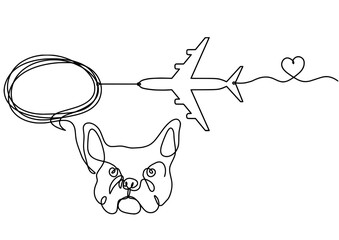 Silhouette of abstract bulldog with plane as line drawing on white background