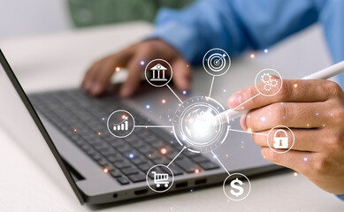 Businessman with internet technology, global internet connection and digital marketing, searching for information, finance and banking, digital link technology, big data..