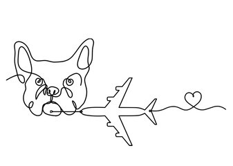 Silhouette of abstract bulldog with plane as line drawing on white background