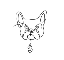 Silhouette of abstract bulldog with dollar as line drawing on white background