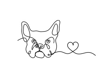 Silhouette of abstract bulldog with heart as line drawing on white background