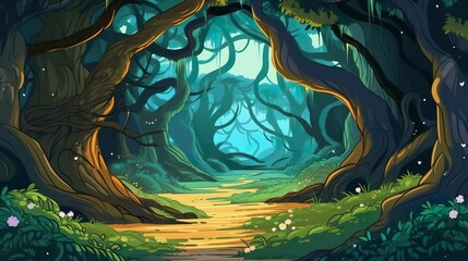 Abstract background mysterious forest. Using of an abstract light-colorful background to enhance the illustration of a mysterious forest in a nature-themed banner design. Generative AI.