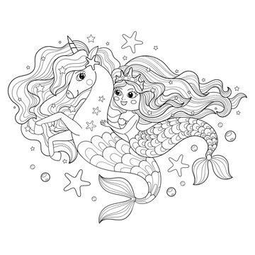 Sea unicorn and mermaid. Black and white linear drawing. Vector