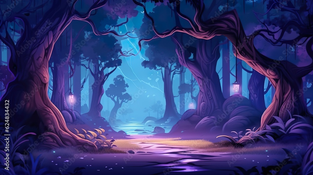 Poster abstract background mysterious forest. using of a neon-inspired background and illustration to creat