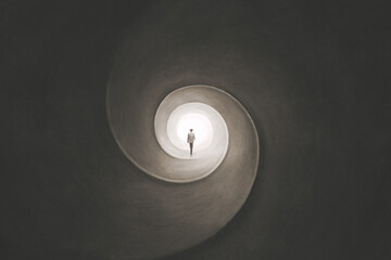 Illustration of man getting out of a dark spiral, surreal abstract way out concept - 624834471