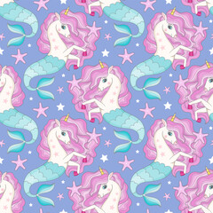 Seamless pattern with seahorses unicorns on a blue background. Vector