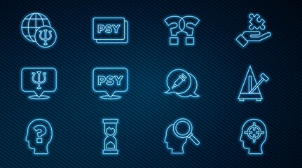 Set line Finding a problem, Metronome with pendulum, Question mark, Psychology, Psi, Addiction to the drug and icon. Vector