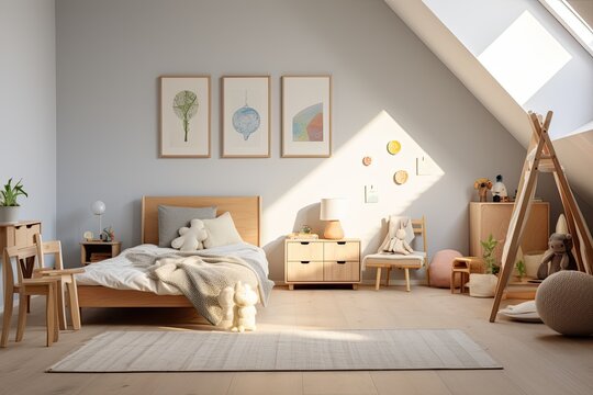 Bright and natural children's bedroom interior with wooden furniture designer equipment and a poster on a white wall