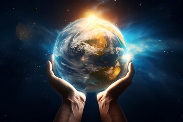 Earth being held by hand, graphic image, on a beautiful background.