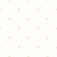 Fototapeta na wymiar Simple minimal floral pattern. Golden vector minimalist seamless texture with tiny flower shapes, dots. Abstract white and gold geometric background. Luxury repeat design for print, decor, wallpaper