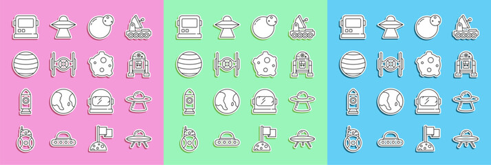 Set line UFO flying spaceship, Robot, Planet, Cosmic, Venus, Astronaut helmet and Asteroid icon. Vector