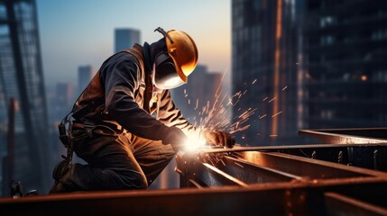 Builder welder in a safety helmet welding a steel structure at a construction site. Generative AI. - obrazy, fototapety, plakaty