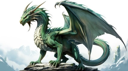 Green dragon on the rock. Generative AI.