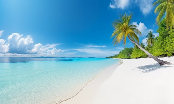 tropische Palmen im türkisblauen Meer mit weißen Sandstrand