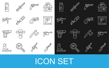 Set line Hunting gun, Mauser, Military ammunition box, Revolver, Anti-tank hand grenade, Submachine M3, Weapons oil bottle and Small revolver icon. Vector