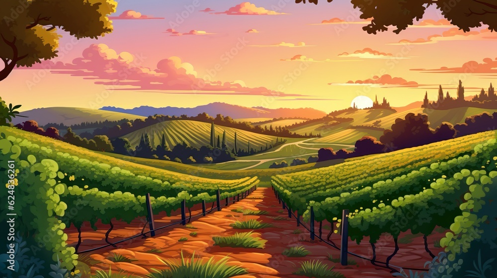 Wall mural abstract background vineyard. enchanting banner with an illustrated vineyard against a stunning suns