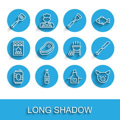 Set line Soda can, Beer bottle, Spatula, Kitchen apron, Pig, Steak meat, Bread knife and Barbecue grill icon. Vector