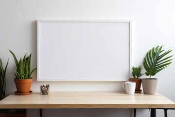 Blank horizontal poster frame mock up in living room interior, modern living room interior background. Generative AI