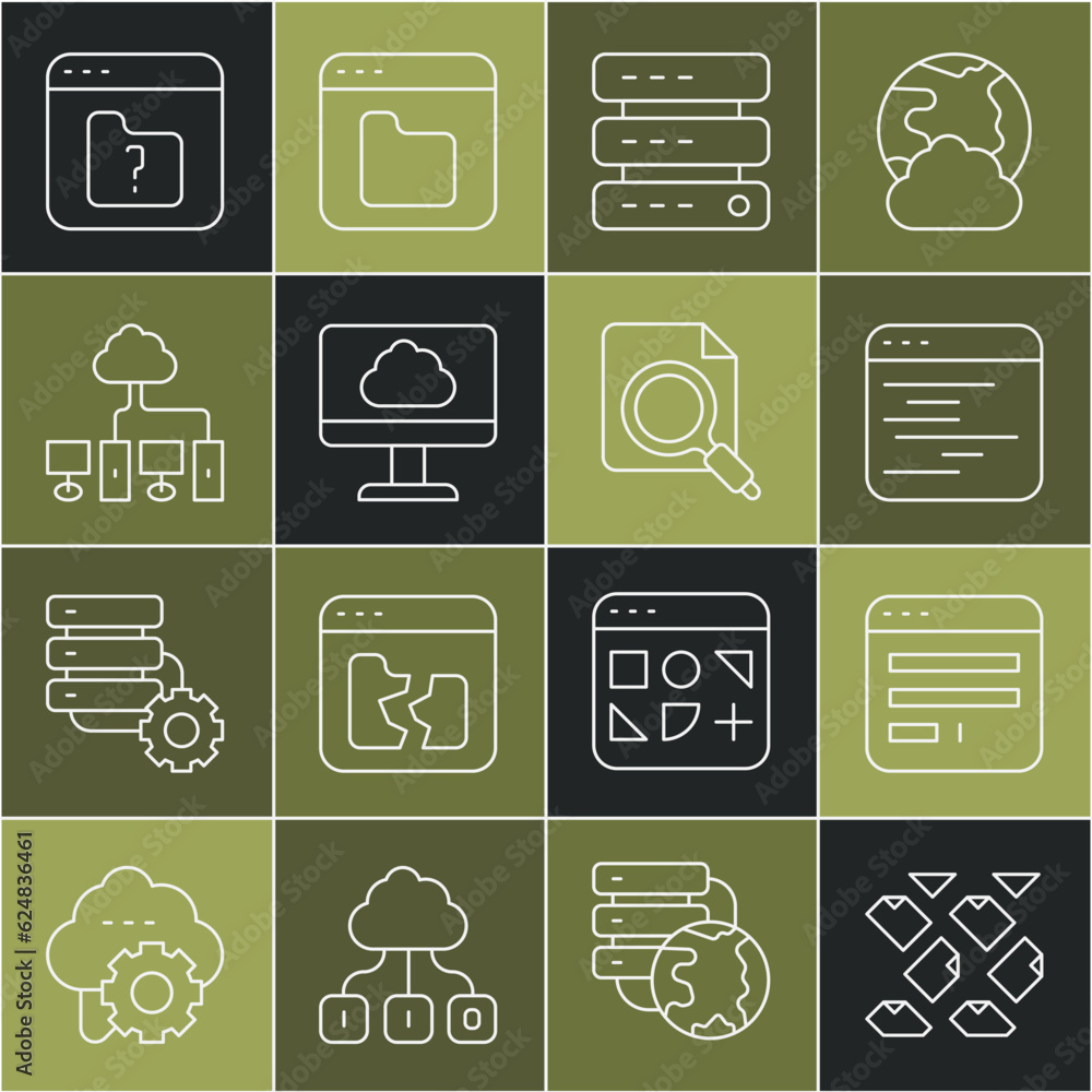Poster set line data stream, browser window, software, server, data, web hosting, cloud technology data tra