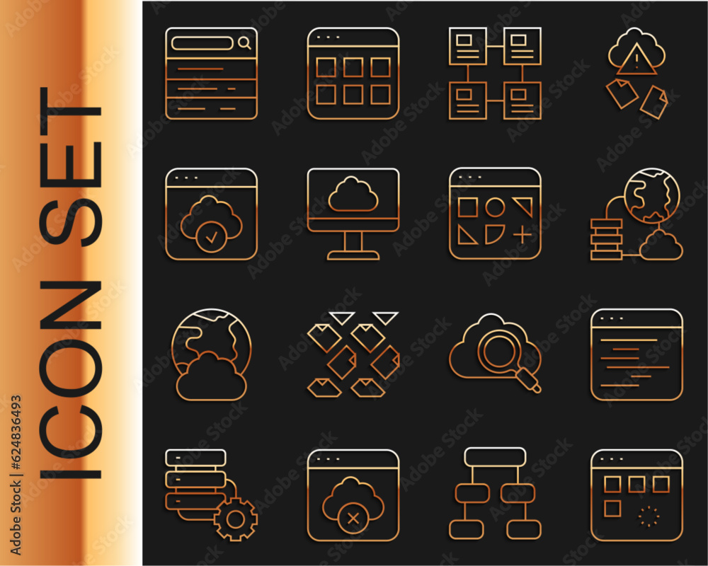 Poster set line loading data window, software, network cloud connection, hierarchy organogram chart, cloud 