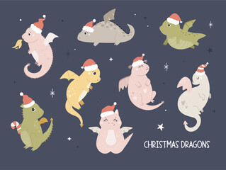 Set of cute Christmas dragons in santas hats. Adorable holiday animal characters, mascots