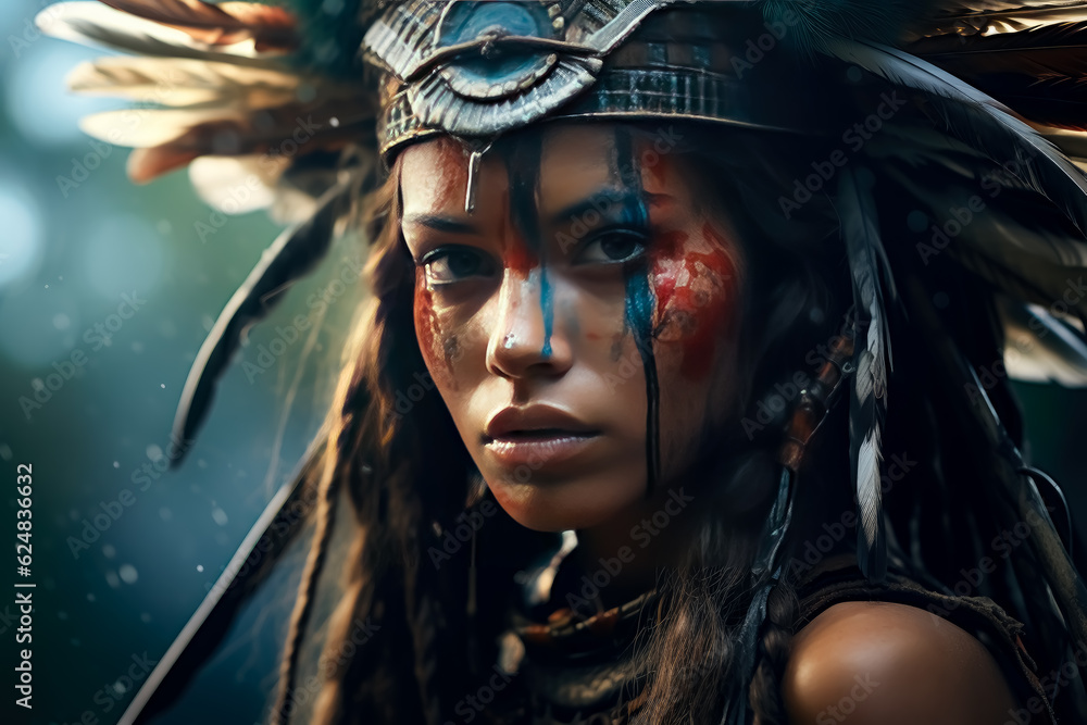 Poster Young Amazonian Brazilian native Warrior woman, woman wearing face makeup and tattoos. 
