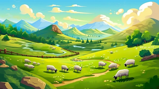 Abstract background hills and valleys. Illustration of the beauty of nature with a banner showcasing rolling hills and adorable sheep. Generative AI.