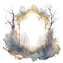 Naklejka premium Magic forest gold frame with trees and brunches, wooden frame watercolor illustration isolated with a transparent background, enchanted forest fantasy design created with Generative AI