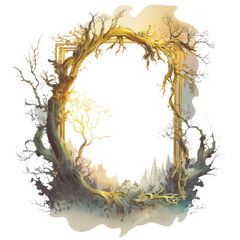 Magic forest gold frame with trees and brunches, wooden frame watercolor illustration isolated with a transparent background, enchanted forest fantasy design created with Generative AI