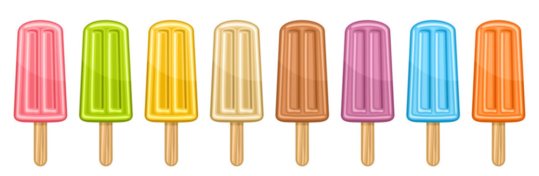 Vector set of Fruit Popsicle, lot collection of eight cut out illustrations sweet fruit ice creams, banner with assorted colorful fruity popsicles for kids with wood stick in a row on white background