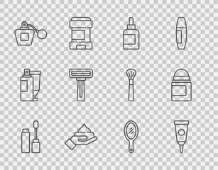 Set line Mascara brush, Cream or lotion cosmetic tube, Perfume, Shaving razor, Hand mirror and Antiperspirant deodorant roll icon. Vector