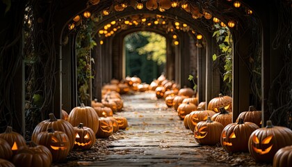 Obraz premium Lots of Halloween pumpkins with evil faces in a mystical setting. Halloween template. Generative AI