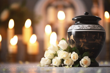 White roses and a black cremation urn with burning candles. Generative AI - obrazy, fototapety, plakaty