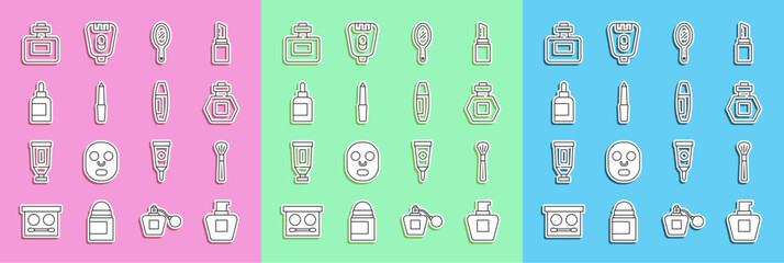 Set line Cream or lotion cosmetic tube, Makeup brush, Perfume, Hand mirror, Nail file, and Mascara icon. Vector