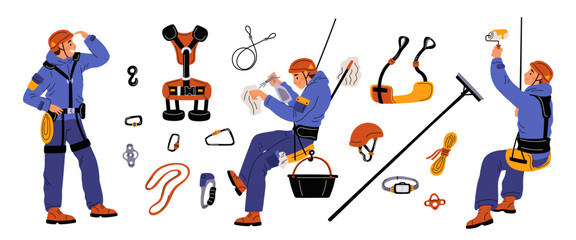 Cartoon industrial climbing elements. High altitude work equipment. Cable and winch. People in uniform with helmets. Painter and window cleaner. Steeplejack tools. Garish vector set