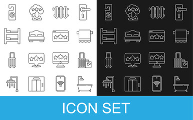 Set line Bathtub with shower, Suitcase, Towel on hanger, Heating radiator, Hotel room bed, Please do not disturb and Five stars rating review icon. Vector