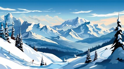 Abstract background snow covered mountains. Stunning banner design with an illustration of majestic snow-covered mountains in a natural setting. Generative AI.