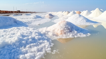 Heap of sea salt. Salt farms produce salt from sea water. White salt harvesting. Agriculture industry. Traditional farm.

 - obrazy, fototapety, plakaty
