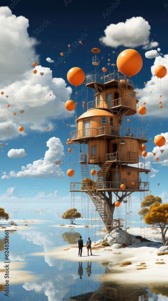 Poster a man standing in front of a tree house. generative ai.