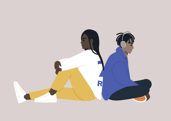 A couple of thoughtful characters sitting back to back leaning on each other, friends or partners hanging out