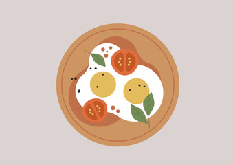 Sunny side up fried eggs with vegetables, a classic breakfast concept